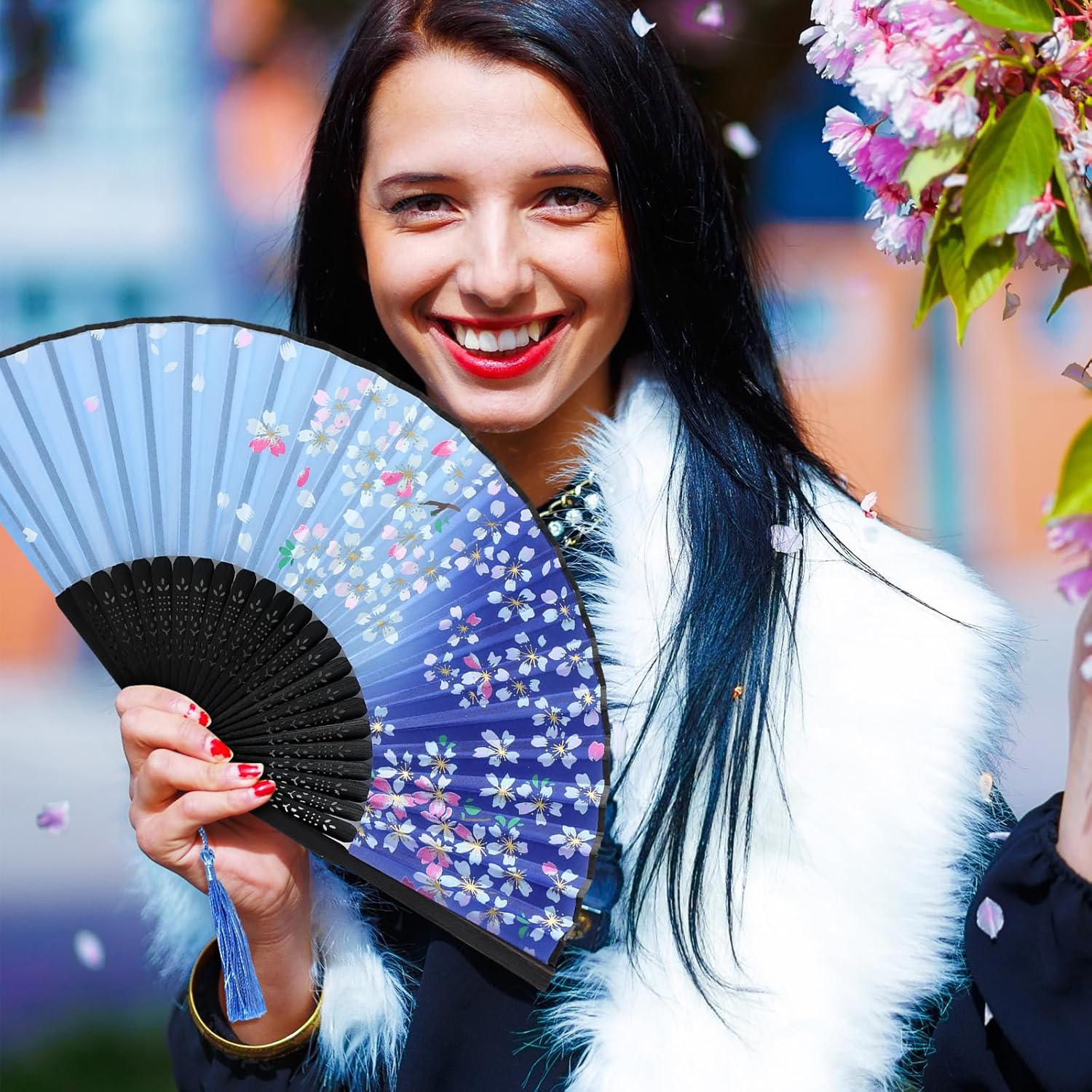 Zonon 4 Pack Handheld Floral Folding Fans Hand Held Silk Bamboo Fans with Tassel Women Hollowed Hand Foldable Fan with Fabric Sleeve for Dancing Wedding Decoration Gifts(Chic)